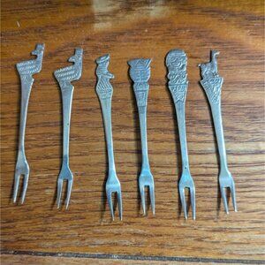 Set Of 6 Vintage Souvenir Cocktail Forks With Iconic Landmarks & Figures